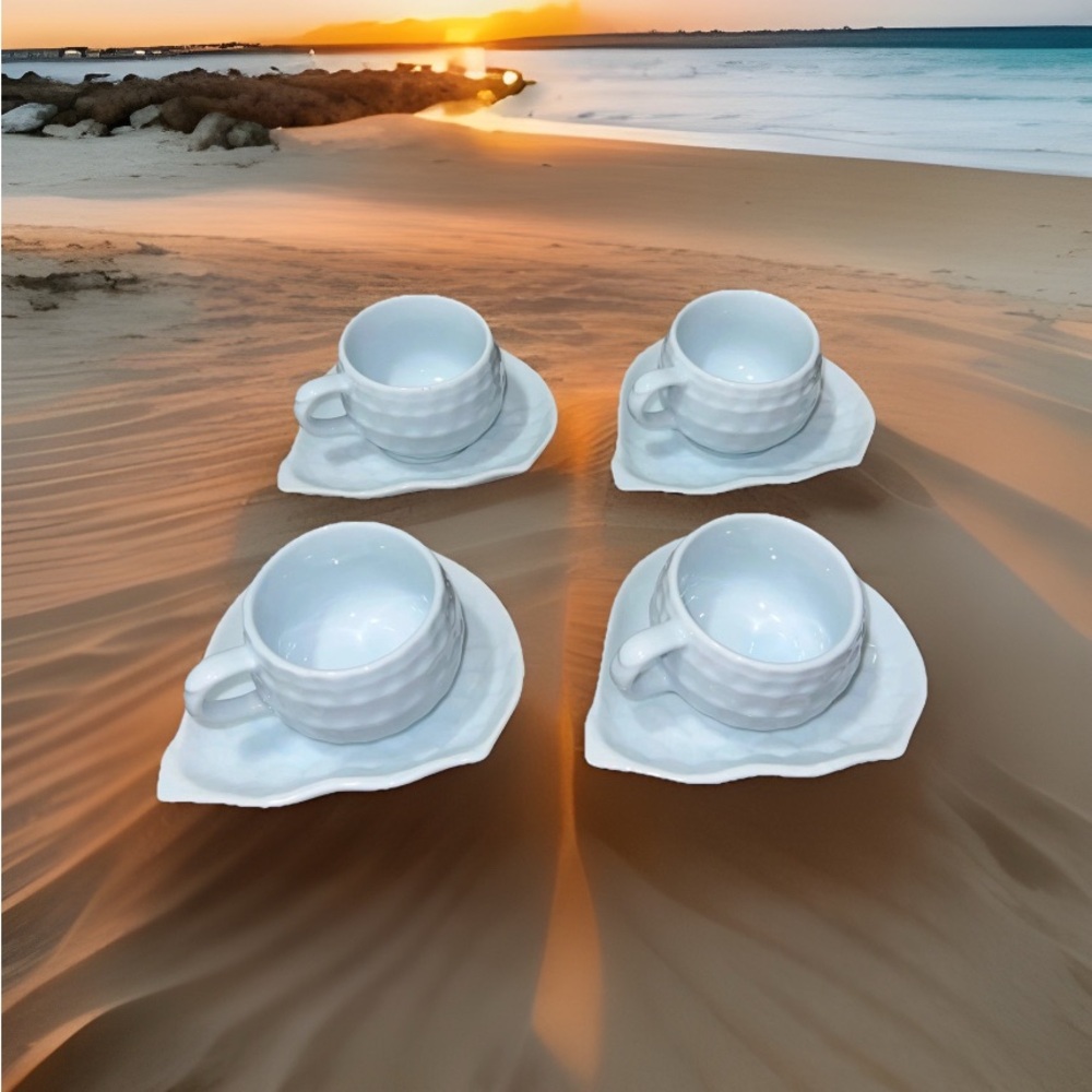 Asian Celadon Cups and Saucers Set of 4, Mint Blue Textured Ceramic Coffee Cups